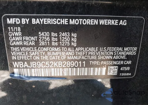 2019 BMW M550I xDrive z USA, uszkodzony, nr VIN WBAJB9C52KB289011